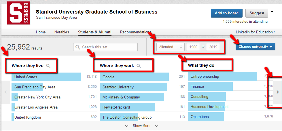 Using LinkedIn Alumni Search feature